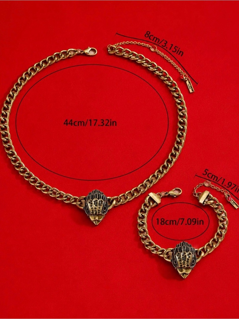 Antique gold eagle head necklace and bracelet set - Picture 9 of 14